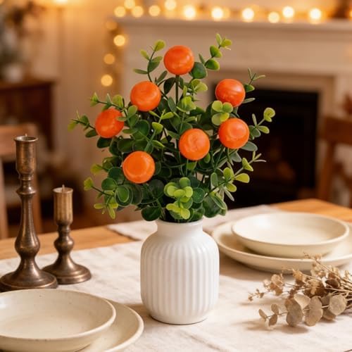 6 Pcs Artificial Orange Branches, 12.6 Inch Faux Fruit Stems with Fake Tangerines and Green Leaves, Lifelike Floral Picks for Home Kitchen Decor, Summer Vase Fillers Seasonal Centerpiece