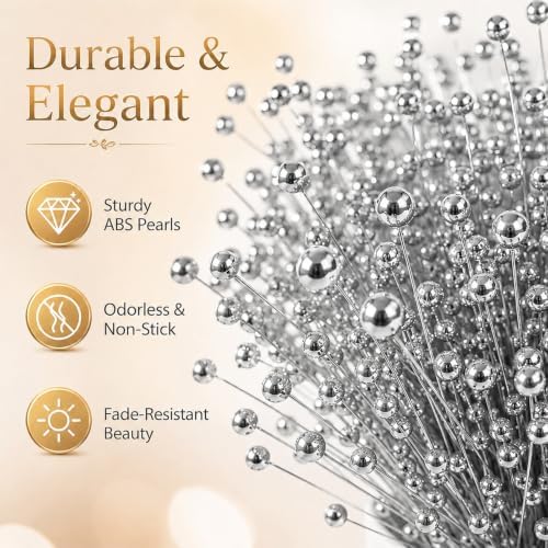60 Pieces Pearl Stick Stems Bouquets, 4mm Bead String Garland Beaded Spray Filler Floral Arrangements Tree Picks Wedding Party Decoration, Mother's Day Flower Decor, Christmas Tree Picks (Silver)