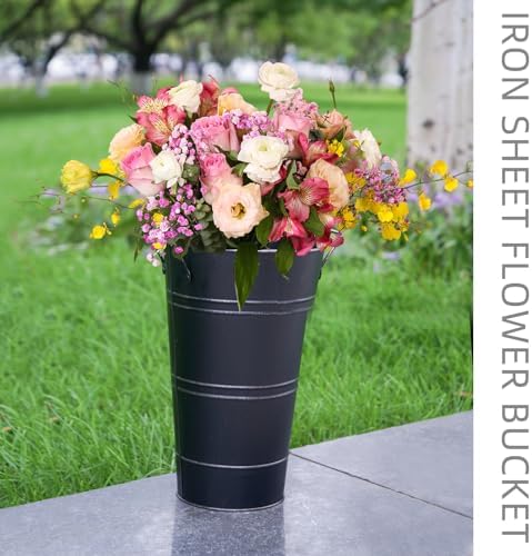 Notakia 12 Inch Large Galvanized Metal Vases Farmhouse French Flower Bucket Vases for Cut Flowers for Home Decor and Wedding Table Centerpiece Decorations (Large Blcak 4Pcs)