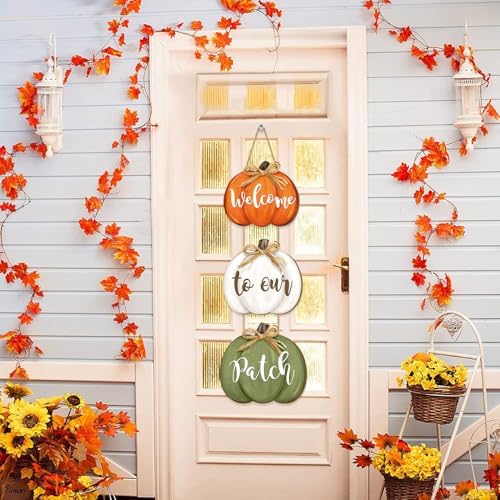 3 Piece Fall Pumpkin Door Sign, Wooden Pumpkins Thanksgiving Day Hanging Decor with Raffia Bow, Welcome to our Patch Sign for Farmhouse Front Door Porch Wall Autumn Harvest Home Decorations