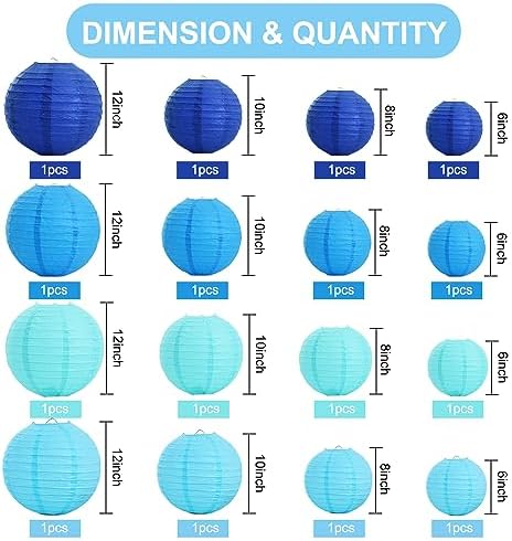 BEISHIDA Blue Mix Paper Lanterns 16Pcs 6/8/10/12 Inch Round Chinese Lamp