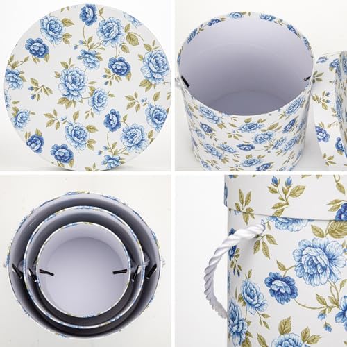 Hollyone White and Blue Gift Box with Lids Set of 3 Round Nesting Gift Boxes for Presents 3 Assorted Sizes Flowers Arrangements Garden Box for Gift Giving Thanksgiving Mom Gifts Present Wrapping