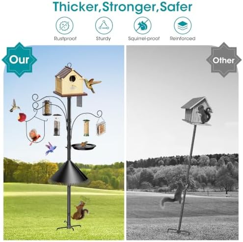 76 Inch Bird Feeder Pole Squirrel Proof, Heavy Duty Bird House Pole, Adjustable Bird Feeder Stand with 3 Shepherds Hooks, Mental Trays, Hummingbird Swing