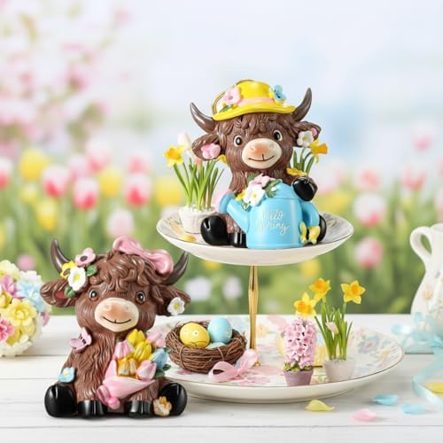 Karenhi 2 Pcs Highland Cow Figurines, Spring Floral Table Decor