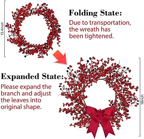 Sggvecsy 18 Inch Artificial Christmas Wreath Red Berry Wreath Handmade Winter Wreath with Bowknot Christmas Decoration for Front Door Home Indoor Outdoor Farmhouse Wall Window Xmas Holiday