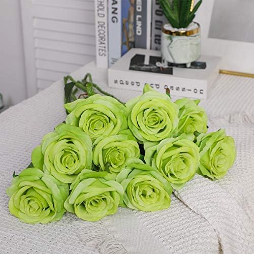 10pcs Light Green Roses Artificial Flowers, Realistic Faux Rose with Stem