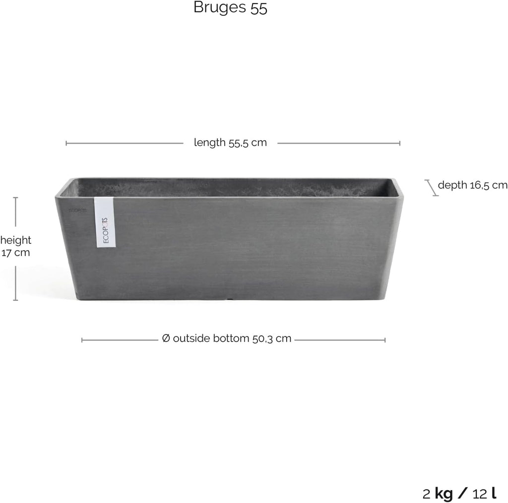 Ecopots Bruges Rectangular Flower Planter, Grey, 21.5" | Modern Style, Durable Recycled-Based Composite Construction