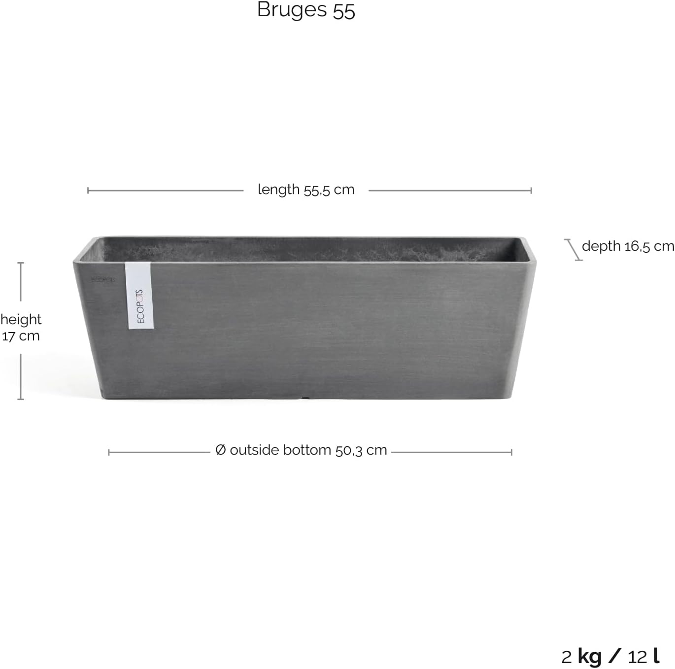 Ecopots Bruges Rectangular Flower Planter, Grey, 21.5" | Modern Style, Durable Recycled-Based Composite Construction