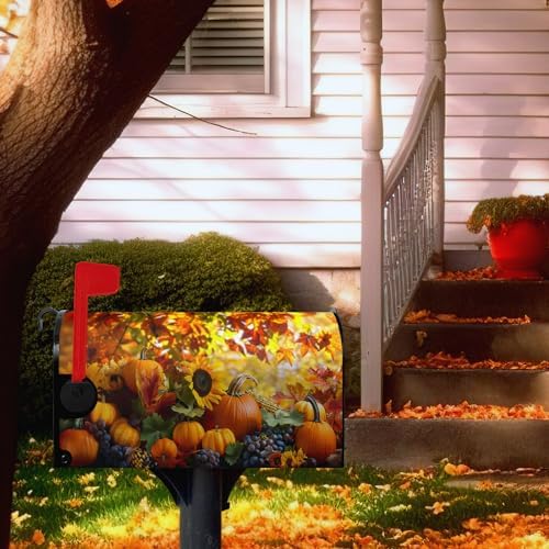 Fall Autumn Pumpkin Mailbox Cover Magnetic Large Size 25.5X21 Inch Harvest Maple Leaves Letter Box Cover Yellow Pumpkins Fall Mail Wraps Post Garden Decorations