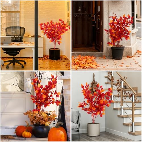 RECUTMS 4Pcs Artificial Beech Leaf Branches 39In Fall Stems Sunset Red