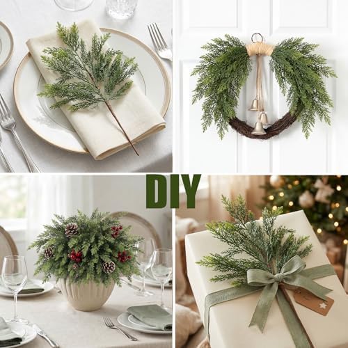 N&T NIETING 16 Pcs Real Touch Christmas Norfolk Pine Stems,18 Inches Artificial Pine Branches Fake Greenery Plants Stem Pine Picks for Vase Filler DIY Garland Wreath Xmas Indoor Outdoor Decorations