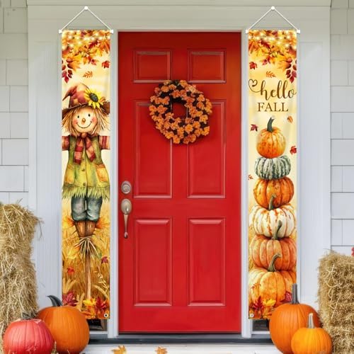 Hello Fall Porch Banner Autumn Scarecrow Pumpkin Fall Banner Harvest Decor