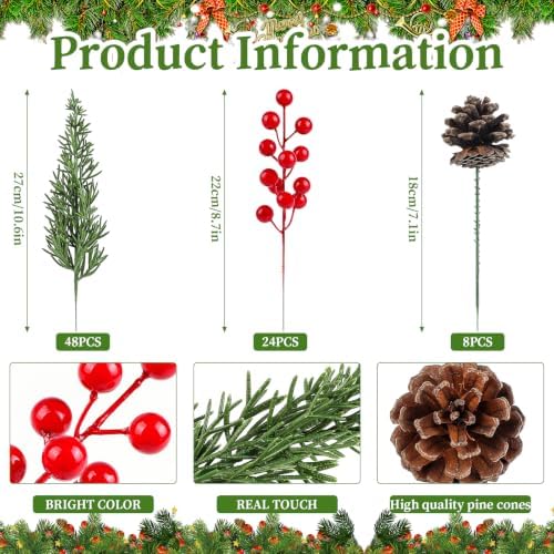 80pcs Artificial Christmas Pine Branches with Red Berry Stem Pine Cone Stem Norfolk Pine Stem Christmas Greenery Floral Pick for Christmas Tree Wreath Garland DIY Crafts Xmas Home Decoration