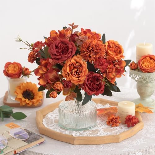 2 Pcs Fall Artificial Peony Hydrangea Bouquet, Burnt Orange Red Silk Faux Flower, Autumn Faux Floral Arrangements for Wedding Table Centerpiece Thanksgiving Halloween Farmhouse Indoor Outdoor Decor