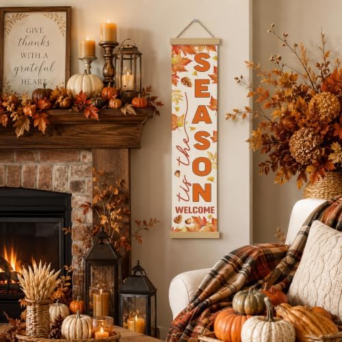 Fall Door Banner, Tis the Season Maple Leaf Canvas Sign for Front Porch