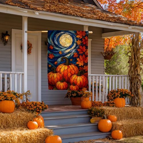 Fall Stained Glass Pumpkin House Flag 28x40 Harvest Moon Maple Yard Decor