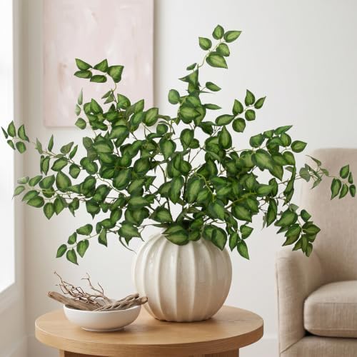 Daynight 6 Pcs Artificial Eucalyptus Leaves Stems, 35″ Long Stem Silk Plum Foliage Branches, Flexible Silk Faux Greenery for Farmhouse, Home, Kitchen and Table Centerpiece DIY Decor (6, Green)