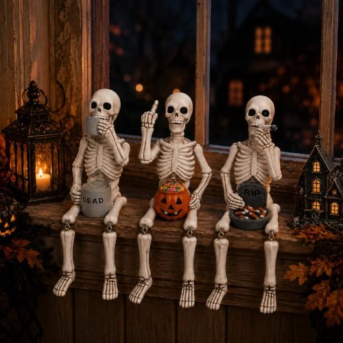 Halloween Skeleton Statues, Set of 3 Funny Skeleton Shelf Sitters
