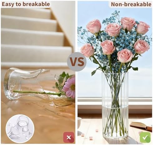 Flower Vase, Non-breakable Vase for Flower, Ribbed Acrylic Vase, 5"W x 12"H Tall Clear Cylinder Vases for Centerpieces, Living Room, Dining Table, Office, Bookshelf Decoration Housewarming Gift