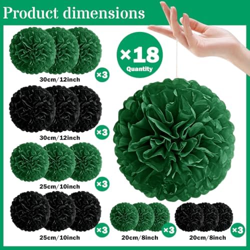 Recosis Black Green Party Decorations, 18 Pcs Paper Pom Poms Decorations