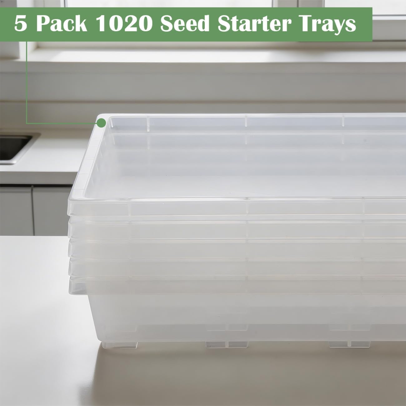 RooTrimmer 1020 Nursery Pot Trays 5 Pack, Transparent Plastic Flat Seed Starter Tray, Durable Square Seedling Starting