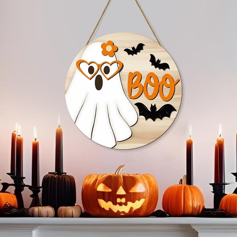 Halloween Boo Ghost Wooden Door Hanger Sign,Cute Ghost with Heart Glasses Flower Bat Round Front Door Wreath Decor,Spooky Farmhouse Wooden Hanging Sign for Home Porch Wall Halloween Party Decorations