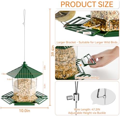Yieach Hanging Bird Feeder for Outdoors,Large Hopper Squirrel Proof Birdfeeder for Cedar,Red,Cardinal,Blue Jay and Wild Birds,Easy to Feel Birdhouse & Bird Seed Feeder & Gazebo for Outside,Tree,Green