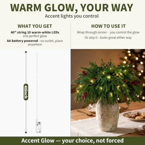 VivaFaux Artificial Norfolk Pine Branches, 20-Piece Set with LED Lights