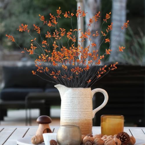 4 Pcs Artificial Greenery Stems Plants 35.4" Faux Branches for Vase Filler Fake Ficus Twig Plants Orange Leaves for Home Office Party Wedding Shop Autumn Fall Decoration