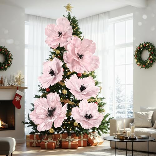 Janinka 6 Pcs Extra Large Christmas Poinsettia Magnolia Pink Flowers Decor