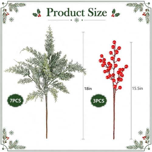 10 Pcs 18'' Christmas Snow Pine Branches with Red Berries,Norfolk Pine Stem