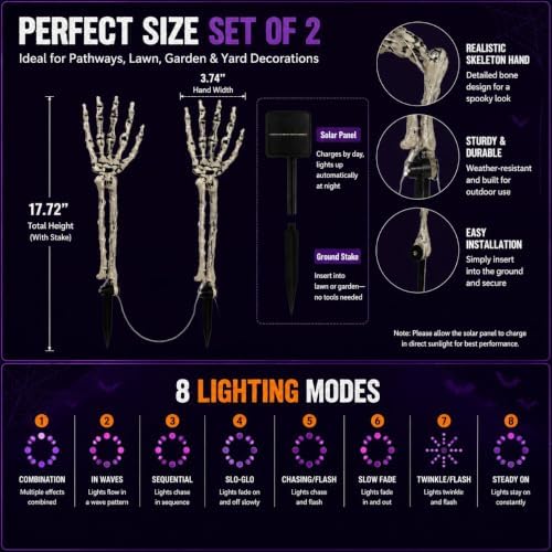 Solar Skeleton Hand Lights 2 Pack, 100LED Purple Halloween Stakes