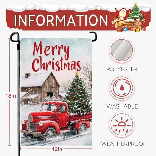 Merry Christmas Garden Flags Xmas Red Truck Double Sided 12 x 18 Winter Snow Holiday Yard Flags for Outside Seasonal Outdoor Yard Garden Decorations
