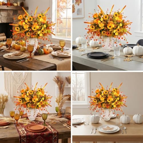 6-Pack Fall Stems Artificial Arrangement Flowers Bouquet Decoration Eucalyptus Leaves Autumn Harvest Home Décor Silk Sunflowers Daisy Grain Berries
