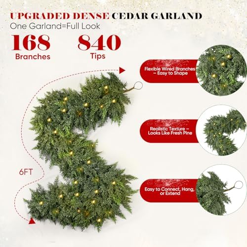 6FT Cedar Christmas Garland with Light, Extra Full Artificial Cedar Garland with 840 Tips, LED Lights with 8 Modes, Holiday Garland for Mantel, Staircase, Doorway