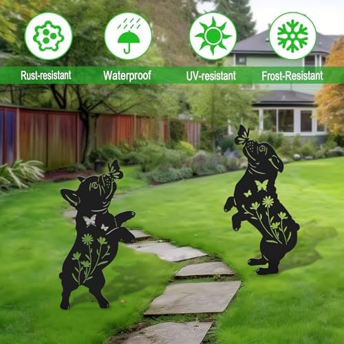 French Bulldog Garden Decor,Metal Black Dog Silhouette Decorative Outside,Yard Art for Outdoor Garden Stakes,Lawn,Pathway,Bulldog Gifts for Dog Lovers