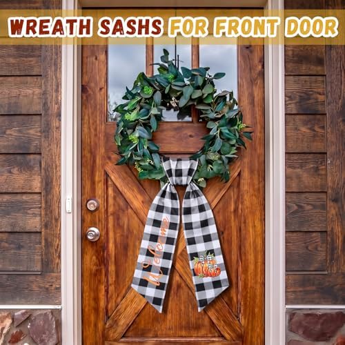 VitalCozy Fall Pumpkin Wreath Sash for Front Door Buffalo Plaid