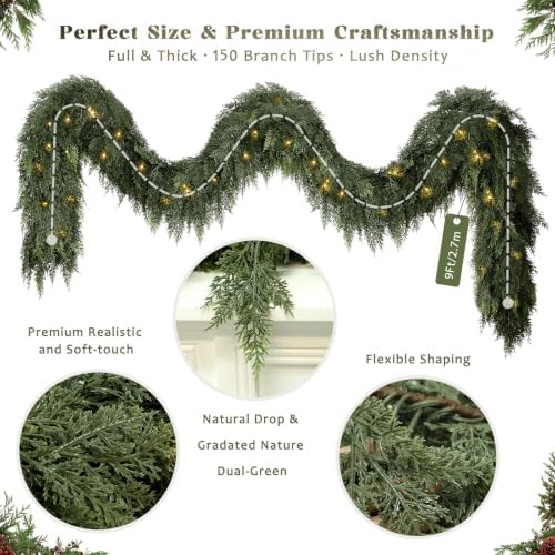 9FT Realistic Christmas Cedar Garland for Mantel, Soft Touch with Lights