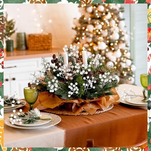 24PCS White Berry Stems 7.08in Christmas Tree Decor Faux Picks Glitter