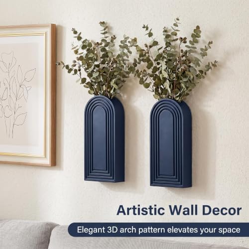 Dnnnii 2 Pack Wooden Wall Vase Set - Blue Finish Modern Farmhouse & Boho Wall Decor for Entryway, Hallway, Bathroom, Living Room, Dining Room, Narrow Spaces