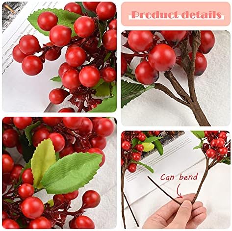 4 Pcs Artificial Red Berries, Christmas Fake Flowers Lifelike Redberry Stems Faux Fruit for Valentine's Day Wedding Home Kitchen Party Crafts Decoration(Red)