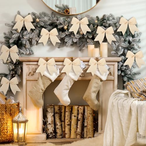 Janinka 12 Pcs 6 Inch Christmas Velvet Bows Decor for Wreath, Cream White