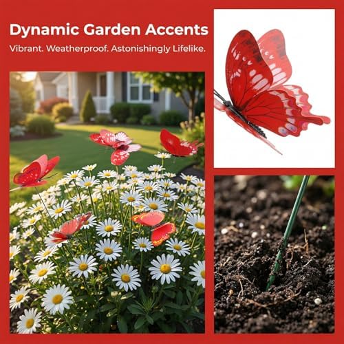 30PCS Red Butterfly Decor Artificial Butterflies for Outdoor Garden Decor