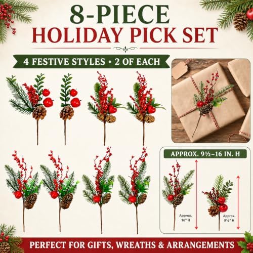 Christmas Floral Picks Set of 8, Snow Flocked Pine Cone Stems for Christmas Tree, Wreaths, Garlands & Holiday Centerpieces, 2 Styles, 4 Each, Pine Berry Floral Sprays for DIY Christmas Crafts, 9.5"