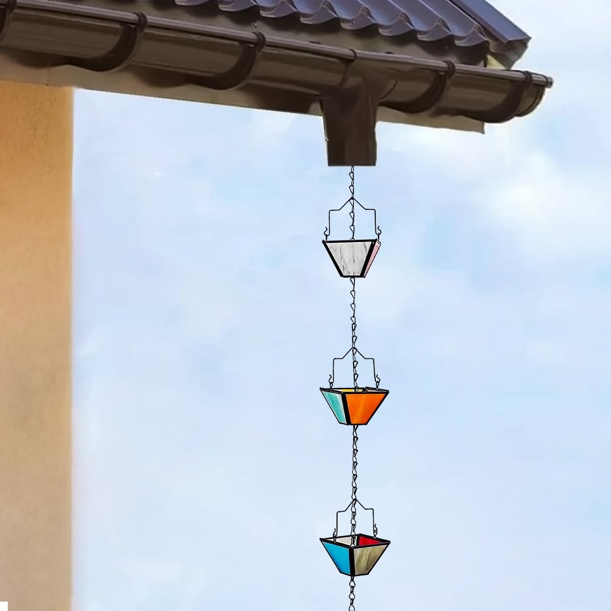 Rain Chain Set 8.5FT,Handmade Metal Inlaid Stained Glass Vintage Style, Rain Chains for Drains to Divert Water & Home