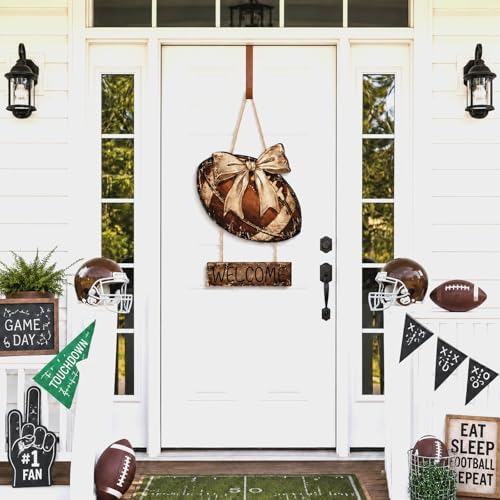 Fall Football Wreath for Front Door, Wooden Welcome Door Sign with Bow