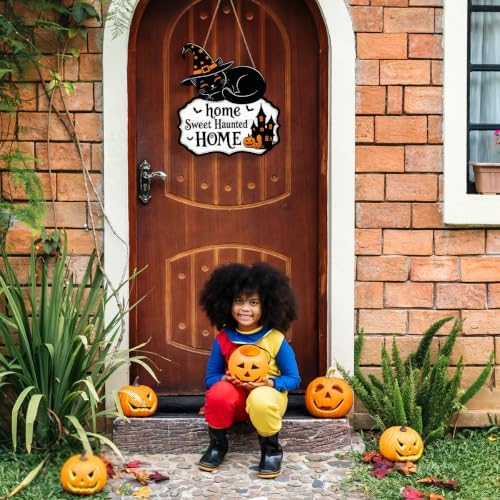 Halloween Decoration Wreath for Front Door Wooden Black Cat Door Decor