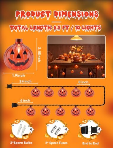 Abeja Pumpkin String Lights, 8.5Ft Halloween String Lights