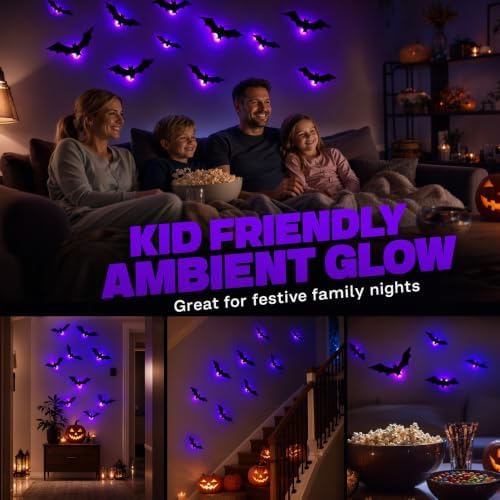 Halloween 3D Lighted Bats, LED Purple Glowing Wall Stickers, Indoor Outdoor