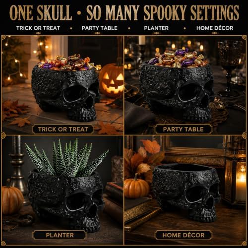 Halloween Skull Trick Or Treat Bowl Black Skeleton Planter Gothic Candy Pot